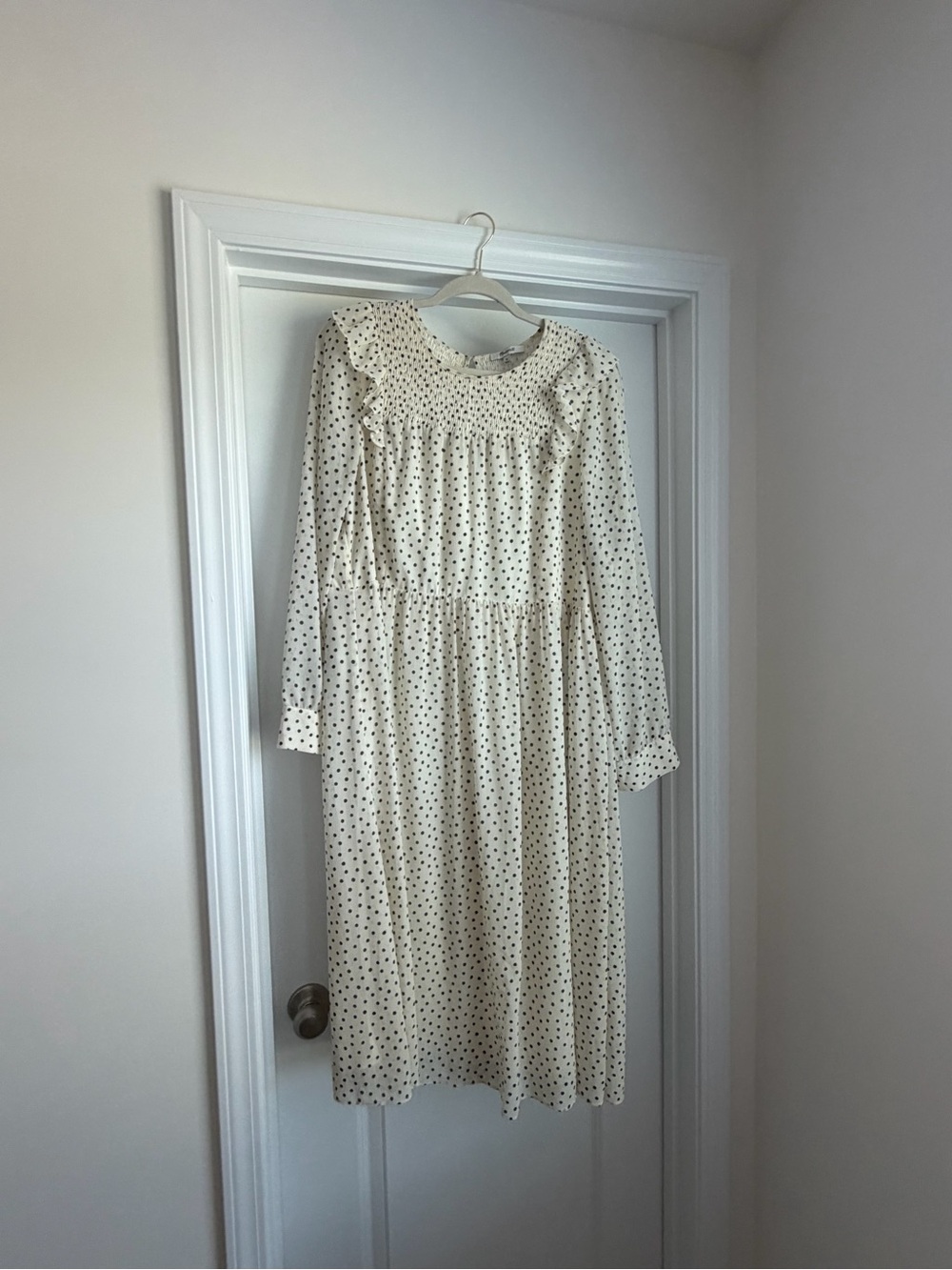 Madewell Cream Dress with Black Polka Dots, Long Sleeve Midi